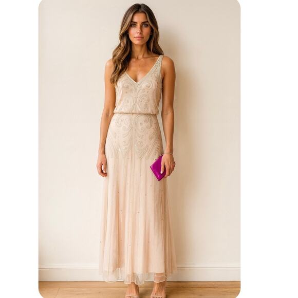 Adrianna Papell Night Bugeln Beaded Long Maxi Gown Dress In Champagne Gold 8 - Picture 1 of 14